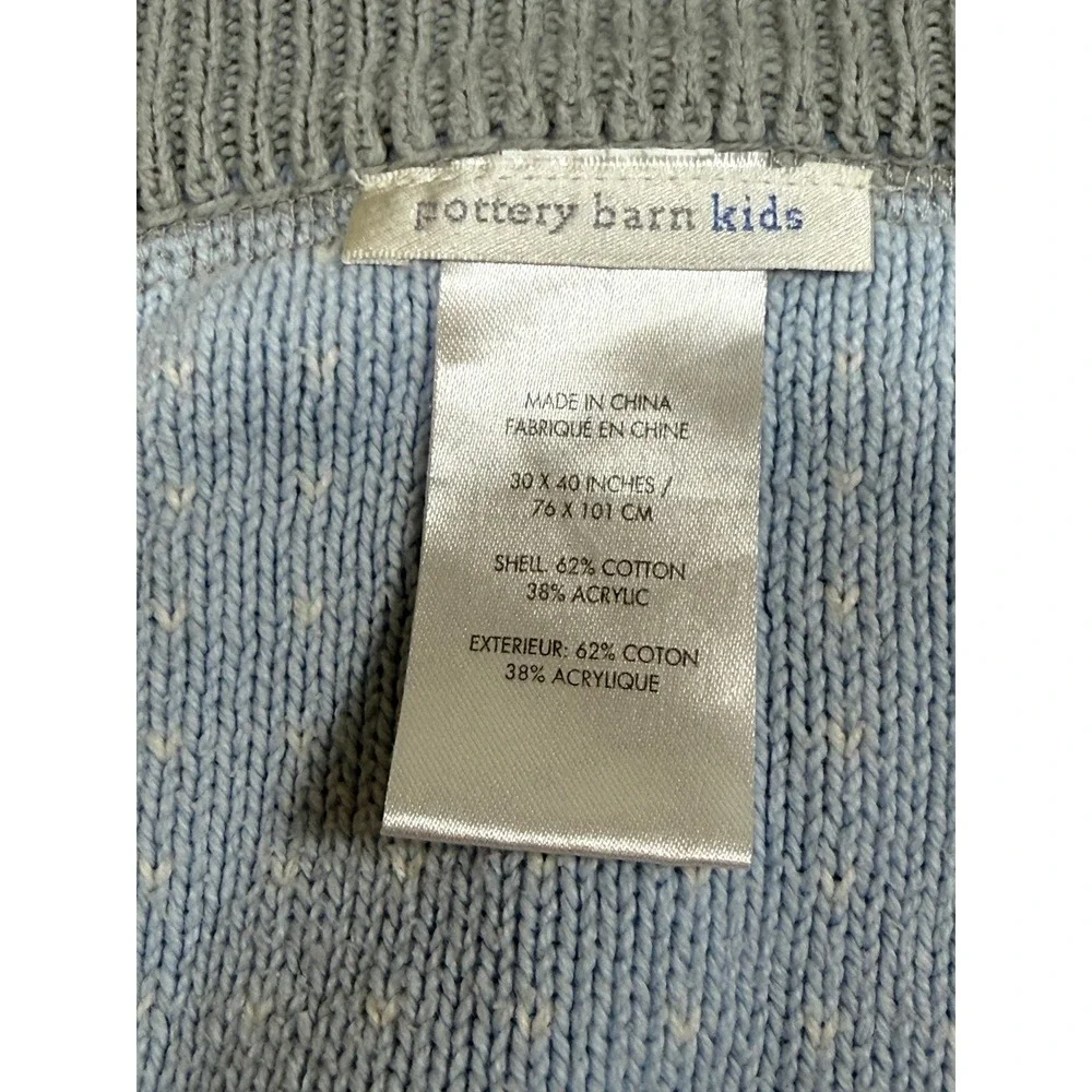 Pottery Barn Kids Blue White Knit Heart Pom Pom Baby Blanket 30x40 Cotton Blend